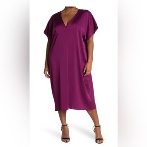 London Times Plus Size V-Neck Pleated Cocoon Caftan Maxi Dress in Raspberry